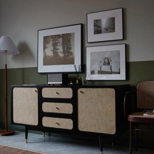 Kitchen Solid Wood Sideboards Cabinet Small-Sized Storage Porch Rattan Cabinet Simple Modern Living Room Tea Cabinet