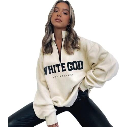 2021 Autumn Fashion Womens Fashion Clothing New Half-Open Collar Long-Sleeve Zipper Printed Loose Sweatshirt