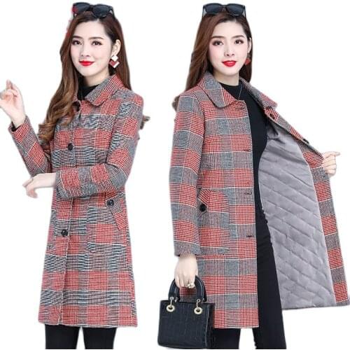 Womens Plaid Woolen Coat 2021New Female Autumn Winter Wool Overcoat Femme Mid-length Slim Keep Warm Woolen Coat Jacket 5XLD