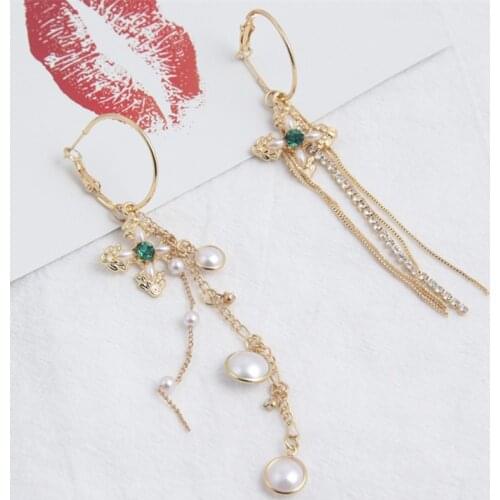 Luxury Asymmetric Long Pearl Tassel Cross Drop Dangle Earrings for Women Fashion Korean Jewelry Wedding Party Gifts 5C3039