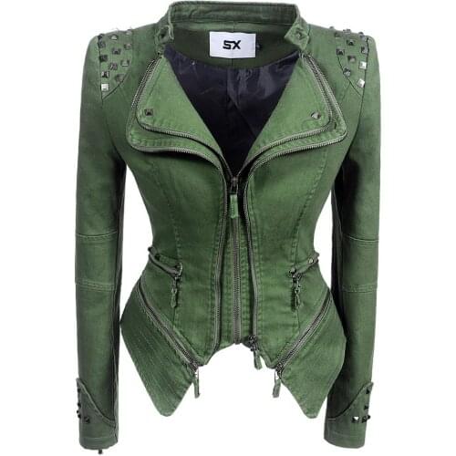 SXSX women 2019 spring autumn denim rivet punk Short Slim fit jacket motorcycle Windbreaker zipper outerwear