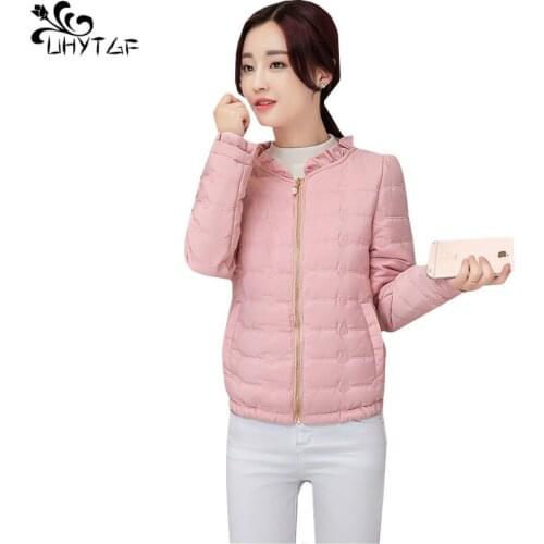 UHYTGF Spring Down Cotton Woman Coats Plus Size Parker Lady Slim Warm Short Outerwear Fashion Thin Long Sleeve Jacket Female 432