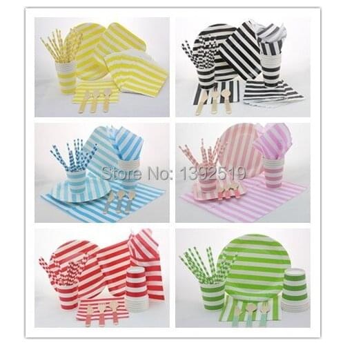Party Tableware Set 6 Colors Striped Party Paper Plates Cups bags Paper Party Straws Wooden knife Spoons Forks
