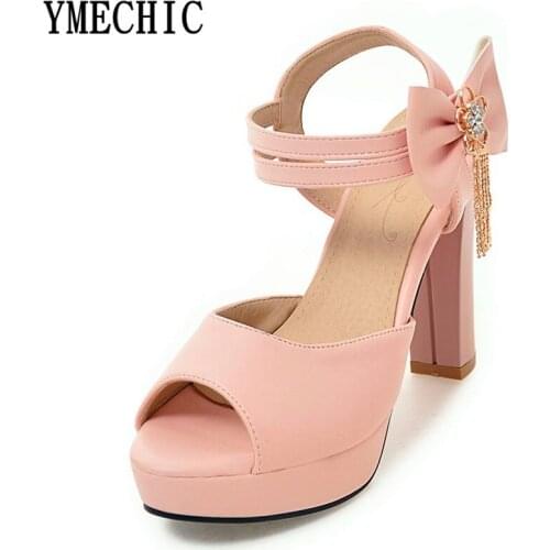 YMECHIC Sweet Bowtie Ladies Sandals Summer Shoes Woman Plus Size High Heels Sandals Women Heel Party Shoes Pink Purple Black 43