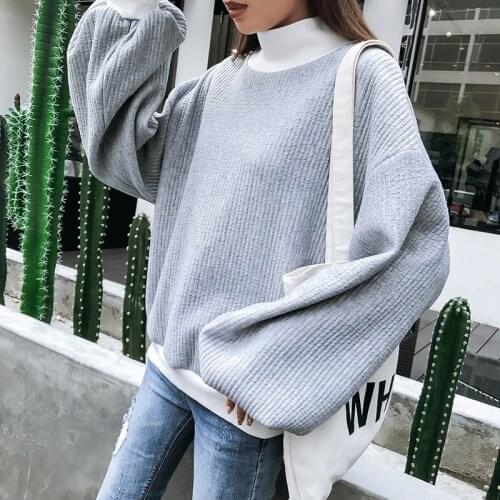 2021 new female Korean version loose puff sleeve half high neck quilted thickened gray top coat sweatshirt