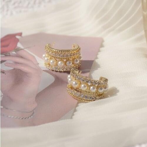 14K Real Gold Plated CZ Cubic Zircon C Geometric Stud Earrings for Women Delicate Jewelry Crystal Pearl Earrings