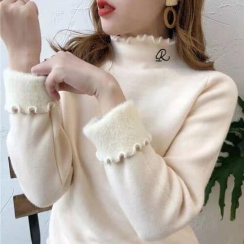 Woman Sweaters Chandails Autumn and Winter One-Piece Velvet Sweater Womens Wooden Ear Knitted Inner Match Top