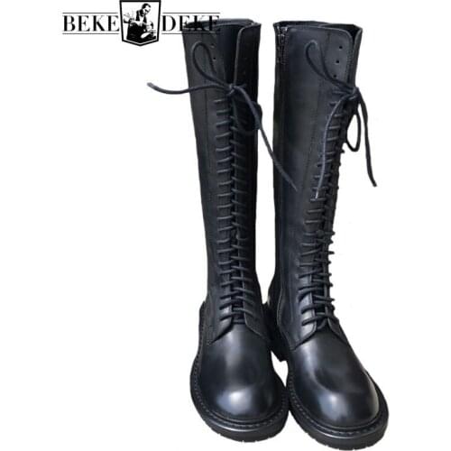 Ladies Long Boots Brand Knight Military Motorcycle Thigh High Boots Women Lace Up Genuine Leather England Style Booties Shoes