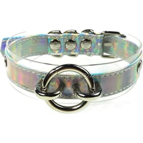 100% Handmade Womens Holographic Choker Doule Straps Layer Choker Harajuku Lolita Circle Collar Clear PVC Fetish Necklace