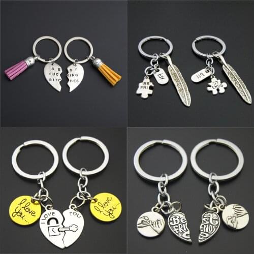 1set(2pcs) Feather Charms With Puzzle Keychains Best Firiend Keyring Tassel Pendant Mothers Day Gift