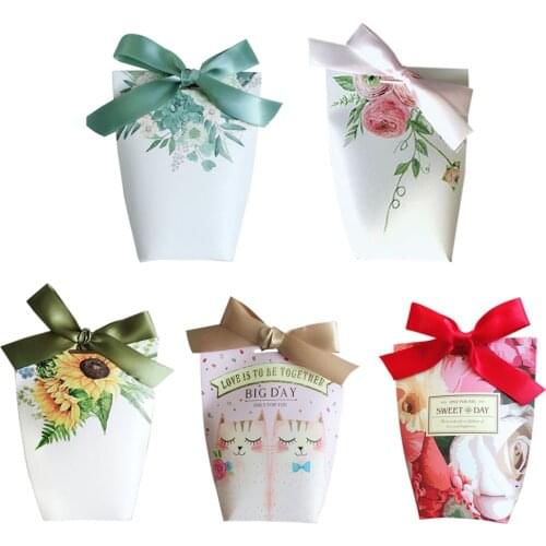 10pcs Candy Box Gift For Party Baby Shower Paper Chocolate Boxes Package Wedding Favors Bag With Ribbons For Christmas Supplies