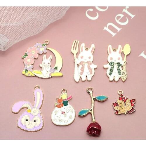 10pcs Cartoon Style Earrings For Women Girls Fork Spoon Rabbit Little Prince Red Rose Pendant diy Jewelry Accessories Keychain
