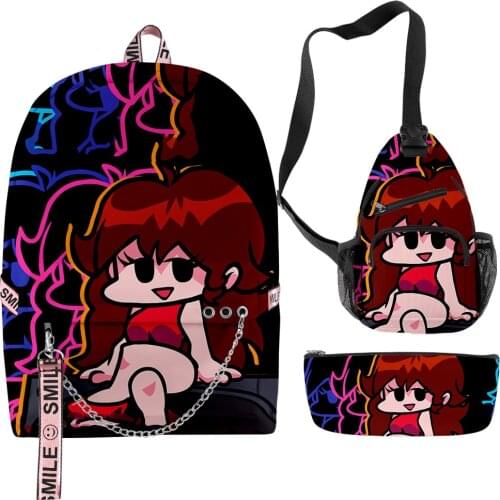 Friday night funkin 3D creative cool and simple backpack three-piece suit men and women casual backpack chest bag pencil case