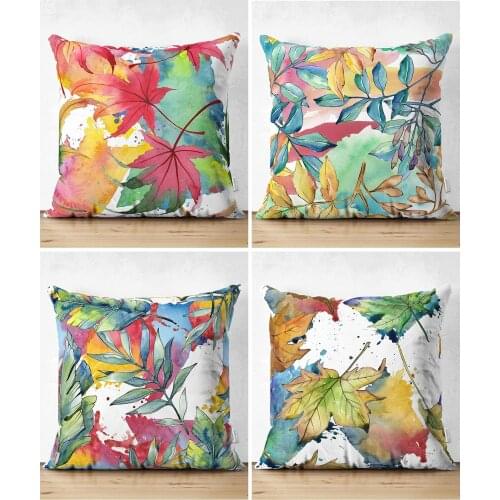 4'lü Double-Sided White Zeminli Colorful Autumn Leaf Pattern Modern Suede Cushion Pillow Decorate Case SetHigh Quality Stylish Home Garden Room Kitchen Gift Useful Decorative Colorful