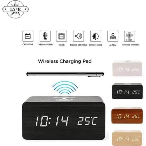 Voice Control LED Wood Clock Luminous Digital Bedroom Alarm Clock Fashion Silent Wireless Charging Alarm Clock