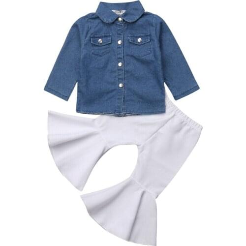 Infant Toddler Kids Baby Girl Long Sleeve Denim Shirt Tops White Flared Pant Bell Bottom Trouser 2PCS Fashion Children Clothes