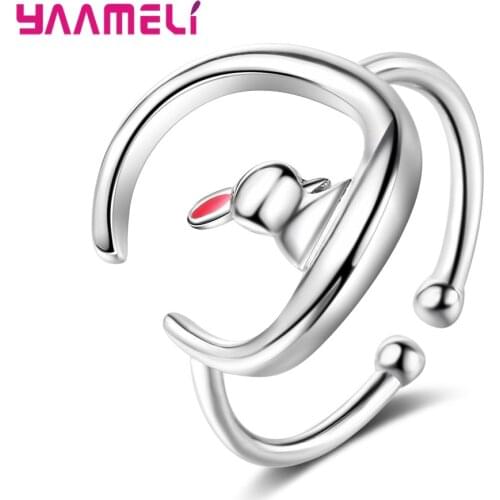 Cute Moon Rabbit Rings for Women Girls Opening Adjustable Ring 925 Sterling Silver Finger Jewelry Korean Valentines Day Gift