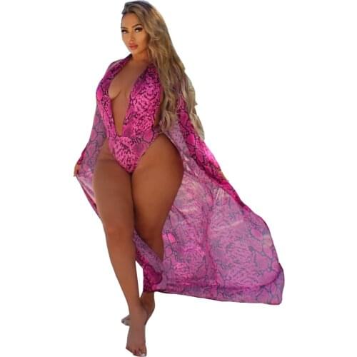 Summer Swimwear Pink Snake Print A Bikini with Chiffon Cover 2021 plus-size Womens Swimwear Beach