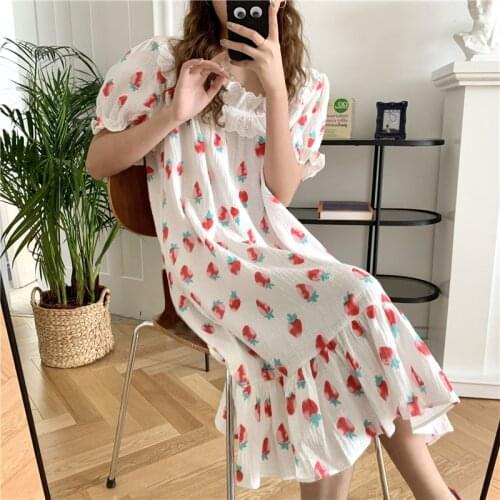Peach Print Summer Nightgown Women Kawaii Sweet Sleepwear Cotton Casual Korean Nightwear Home Clothes Soft Lace Patchwork