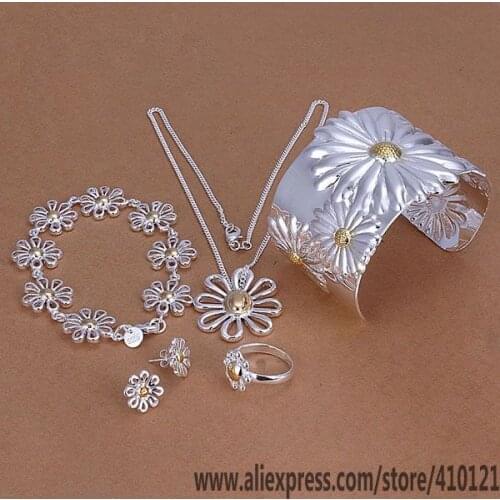S314 Hot High Quality Anniversary Jewelry Sets, Jewelry Elegant Charms Fashion Chrysanthemum Ring Earrings Bangle Bracelet
