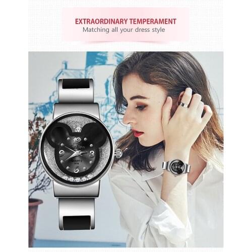 Disney fashion Cartoons Mickey metal Ladies watch Transparent Hollow diamond Quartz watch Metal strap Kid watch Girl gift
