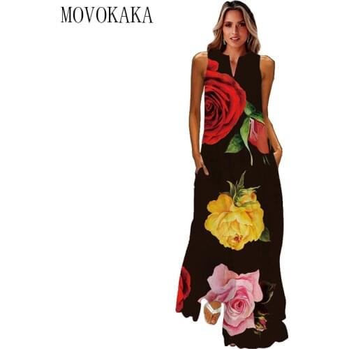 MOVOKAKA Black Dress 2021 Elegant Casual Plus Size Sleeveless Long Dresses Woman Summer Beach Rose Pprint Girls Maxi Dress Women