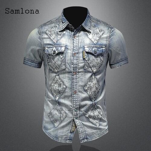 Men Fashion Shirt 2021 New Patchwork Casual Tops Demin Blouse Vintage Pockets Open Stitch blusas shirt ropa mujer Mens clothing