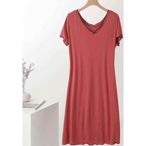 Summer New Modal Nightdress Womens Korean V-neck Short Sleeve Solid Slim Dress Medium Length Nightgowns Homewear Sleepwear
