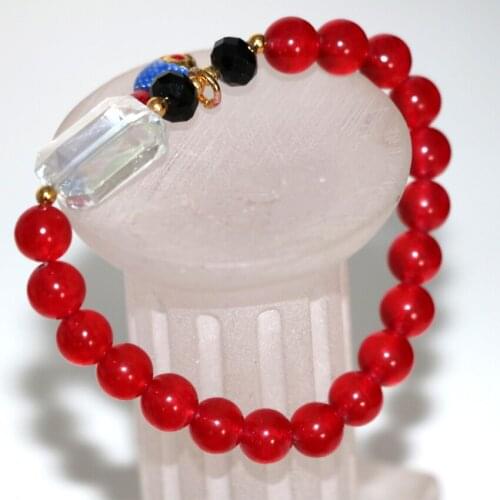 New fashion 8mm red jades natural stone round beads chalcedony bracelet bangle for women cloisonne crystal jewelry 7.5inch B2949