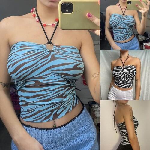 New Zebra Print Backless Crop Top Sexy Bandage Crop Vest Tops 2021 Summer Sweet Tops Vest Blouse Y2k Sexy Party Halter Camisole