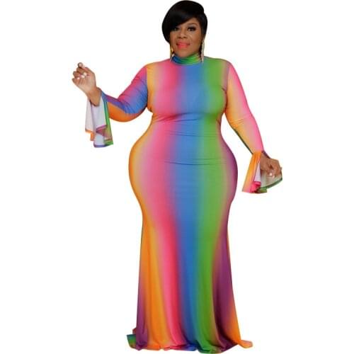 2021 Autumn New Gradient Dress Flare Sleeve Half High Collar Outfit Bodycon Curvy Fashion Wholesale Drop Shipping