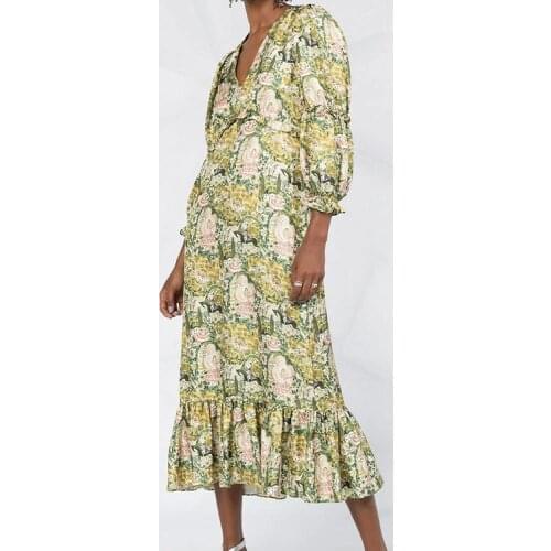 Walking garden lotus leaf twill silk floral Long Sleeve Dress