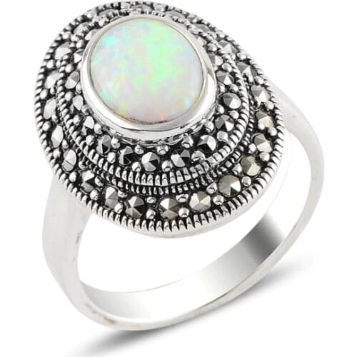 Silver 925 Sterling Opal & Marcasite Ring