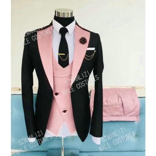 SZMANLIZI 2020 Latest Design Pink Black Wedding Suit For Men Suits Slim Fit Groom Dress Party Tuxedo 3 piece Best Man Blazer