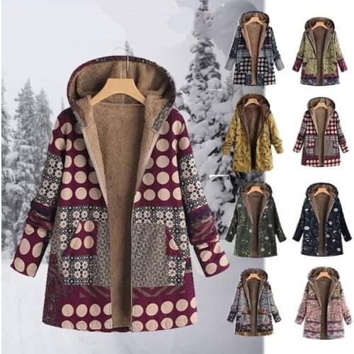 Vintage Floral Print Coat Women Ethnic Style Hooded Pockets Zipper Jacket Coats Winter Warm Fleece Lining Parkas Casual Outwear