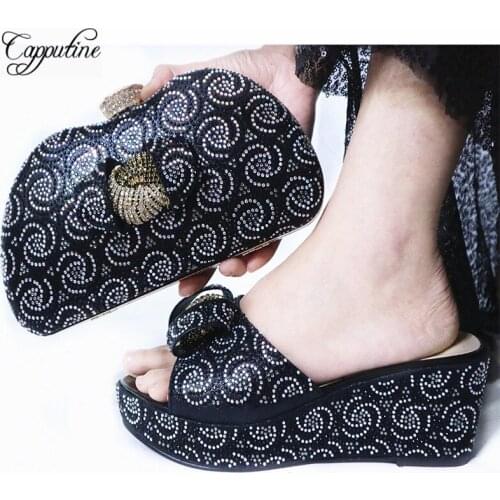 High Quality Italian Black Color Shoes And Bag Set African Design Woman High Heels Shoes And Bag Set For Evening Party