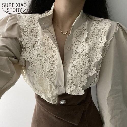 Vintage Korean Stand Collar Single-row Buckle Lace Stitching Womens Shirts and Blouse Loose Lantern Sleeve Shirt Woman 12767