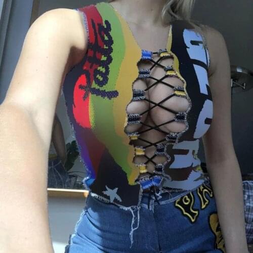Women Cut Out Tie Front Tank Top Wrapped Vest Rough Hem Slimming Party Summer Hollow Bandage Letters Shirt Harajuku Cropped Top