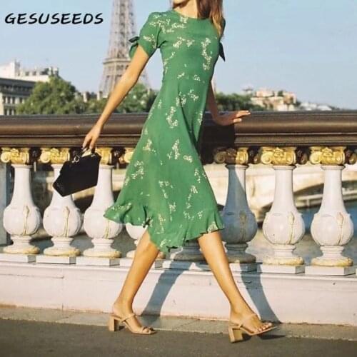 Vintage dress women 2020 summer floral dresses short sleeve o neck dress ruffle irregular dresses green lace up midi dress red