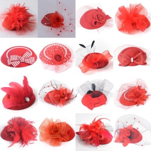 16design Red Fascinator Flowers Feathers Pillbox Hat Veils Hair Clips Weddings Party Women Lady Hanamde Accessory