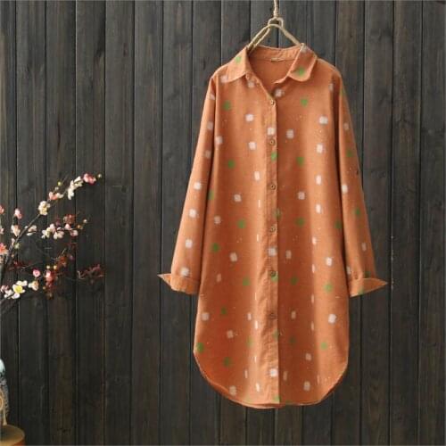 2021 Women Shirts Printed Cotton Blouses Long Sleeve Ladies Turn Down Collar Tops Female Blusas Spring Clothing Navy Orange Grey