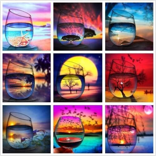 5d Diamond Painting Wine Glass Landscape Sunrise Sea Beach Reflection DIY Diamond Mosaic Embroidery Stitch Decorative Painting