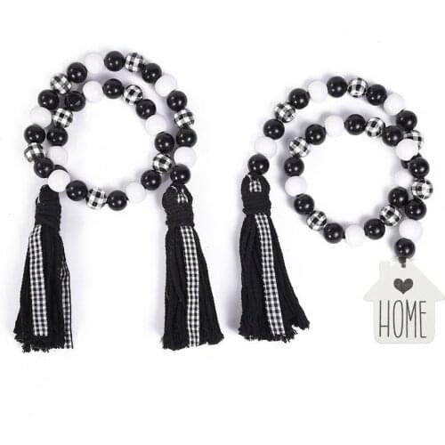 76cm Plaid Tassel Wood Beads String Pendant Home Letter Tag Pattern Ornament DIY Fashion Custom Hemp Rope Beaded Pendant Crafts