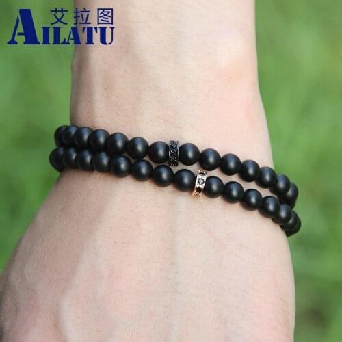 Ailatu Ladys Summer European American Fashion Brand 6mm Matte Onyx Stone with Micro Inlay Black Zircons Wheel Spacer Bracelet