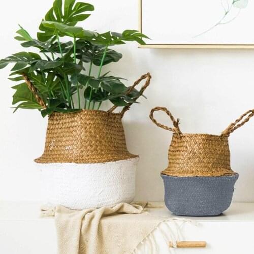 New Bamboo Storage Baskets Foldable Laundry Straw Patchwork Wicker Rattan Seagrass Belly Garden Flower Pot Planter Basket
