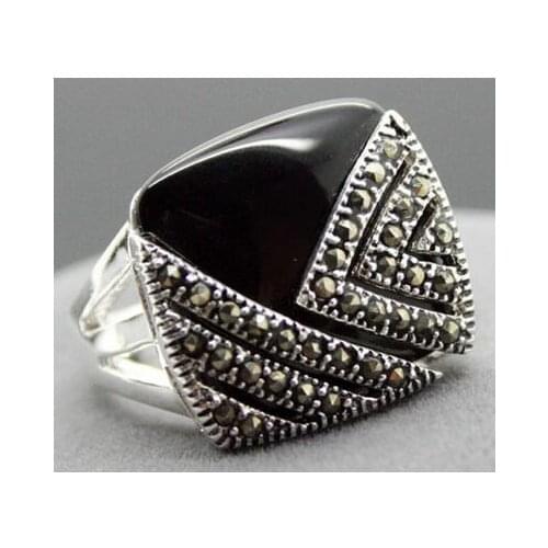 Free Shipping unsex 14*15mm Square Natural Black Natural jade Marcasite 925 Sterling Silver Ring Size 7/8/9/10