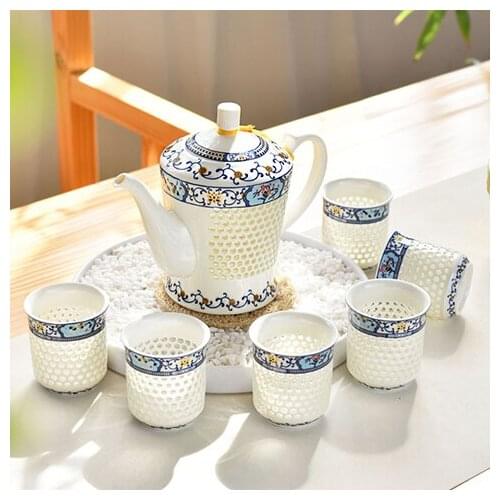China green flower porcelain exquisite tea cup Jingdezhen honeycomb hollowed ceramic Kung Fu tea set teapot coffee suit