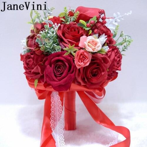 JaneVini Artificial Red Wedding Bouquet Peony Rose Articielle Calla Lily Bridal Brooch Bouquet Wedding Flowers Fleur Mariage