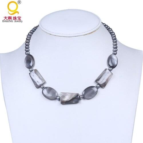Quality luster gray freshwater pearl beaded necklace mother of pearl necklace smooth geometric shape shell bead jewelry
