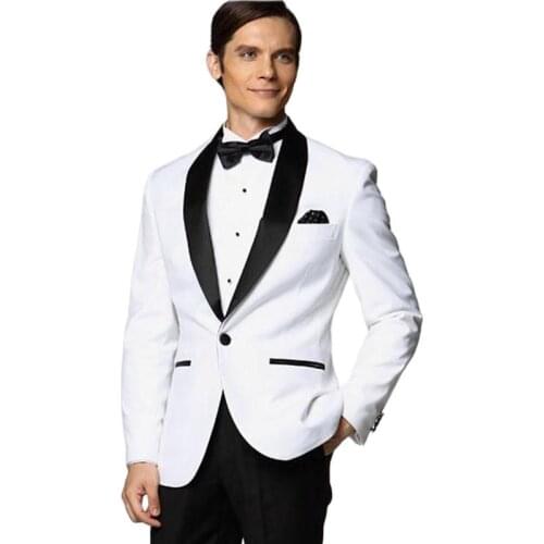 Handsome White Mens Evening Dress Toast Suits Groom Wedding Tuxedos 2 Piece Work Business Clothes (Jacket+Pants+Bow Tie) OK:050